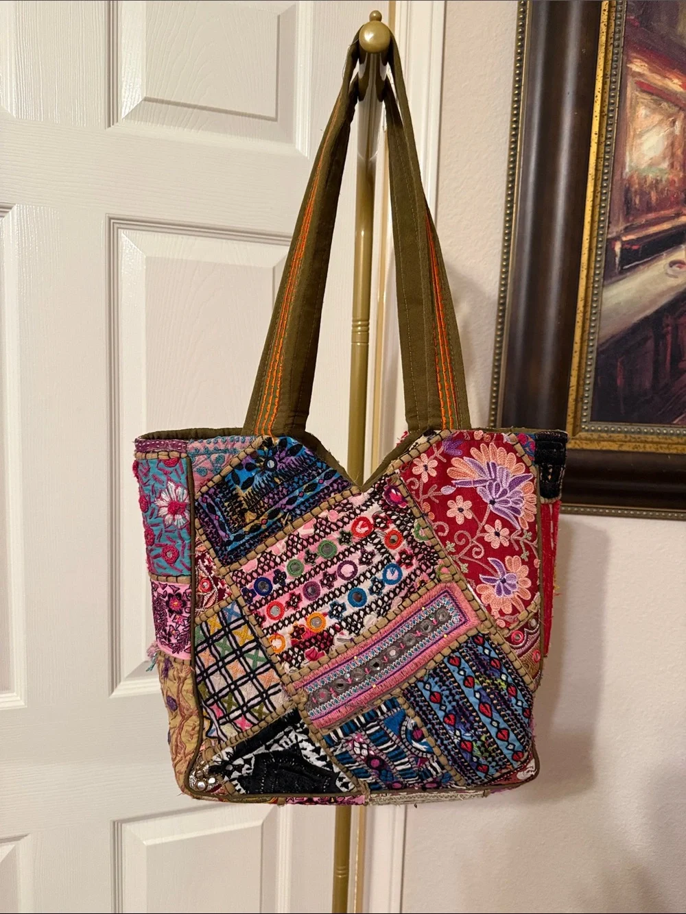 Boho Multicolor Patchwork Tote with Olive Straps - Picture 1 of 3